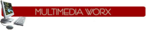 Logo: white background red banner with wording 'Multimedia Worx' and the image of desktop monitor, keyboard and mouse.
