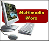 Small 98x98 Logo: white background red banner with yellow wording 'Multimedia Worx' and the image of desktop monitor, keyboard and mouse.